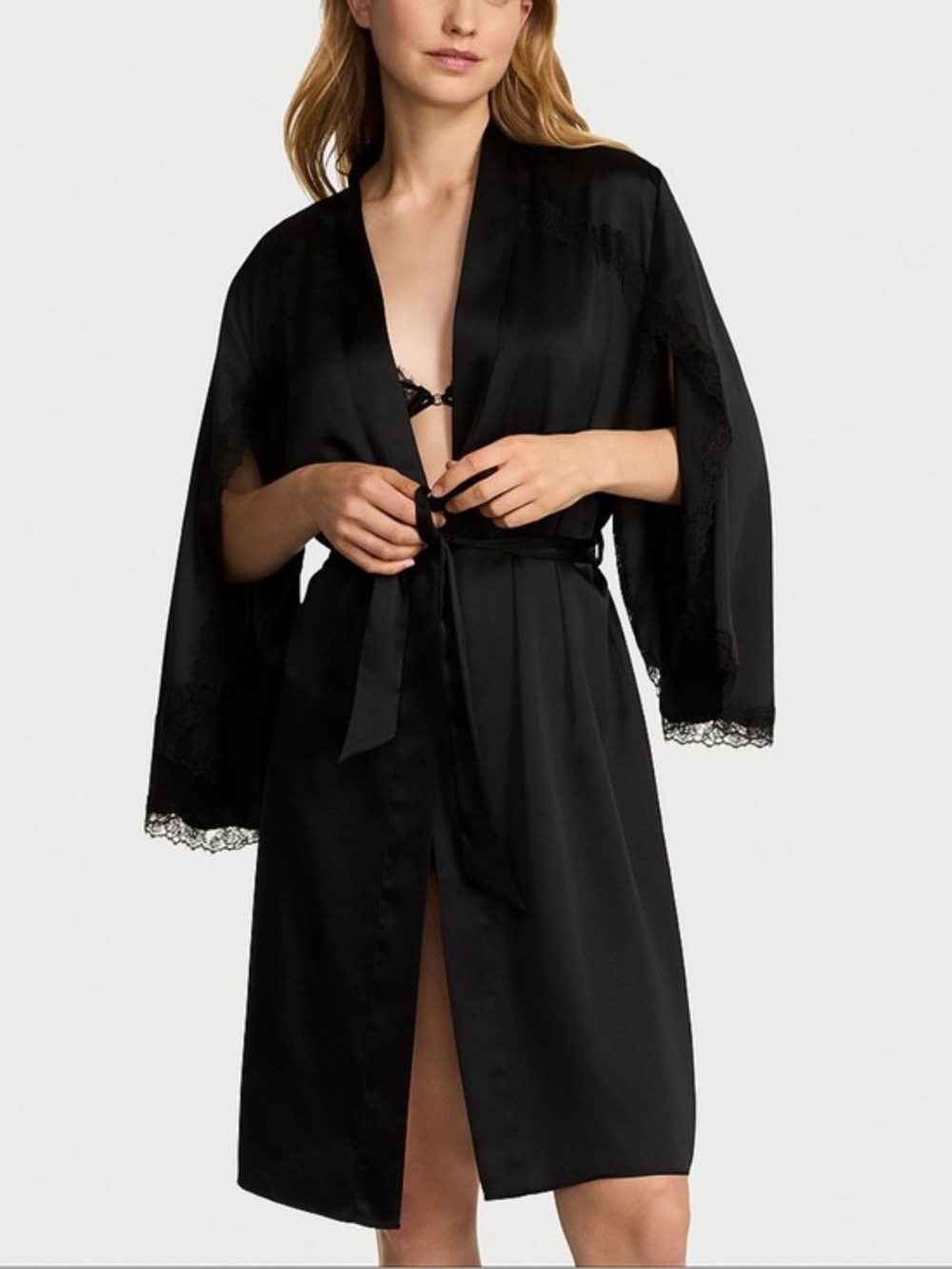 Women's Black Satin Lace-Trim Robe - Victoria’s Secret